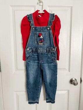Red Long-Sleeve Top with Denim Minnie Overalls | GAP | 4T